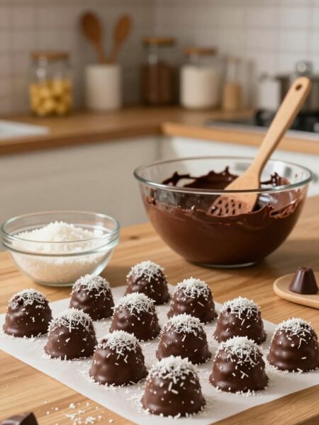 An inviting kitchen scene showcasing easy homemade candy making. In the foreground, a wooden kitchen countertop adorned with freshly made chocolate coconut haystacks, each one coated in rich dark chocolate and sprinkled with shredded coconut. A clear glass bowl filled with additional coconut flakes sits nearby. In the middle ground, a warm, ambient light illuminates a mixing bowl with melted chocolate and a spatula ready for mixing. In the background, a softly blurred view of kitchen shelves filled with baking supplies and jars of ingredients, adding depth to the scene. The mood is cozy and inviting, suggesting an enjoyable and uncomplicated process of making treats at home. The image captures the essence of creativity and sweetness without any text or distractions.