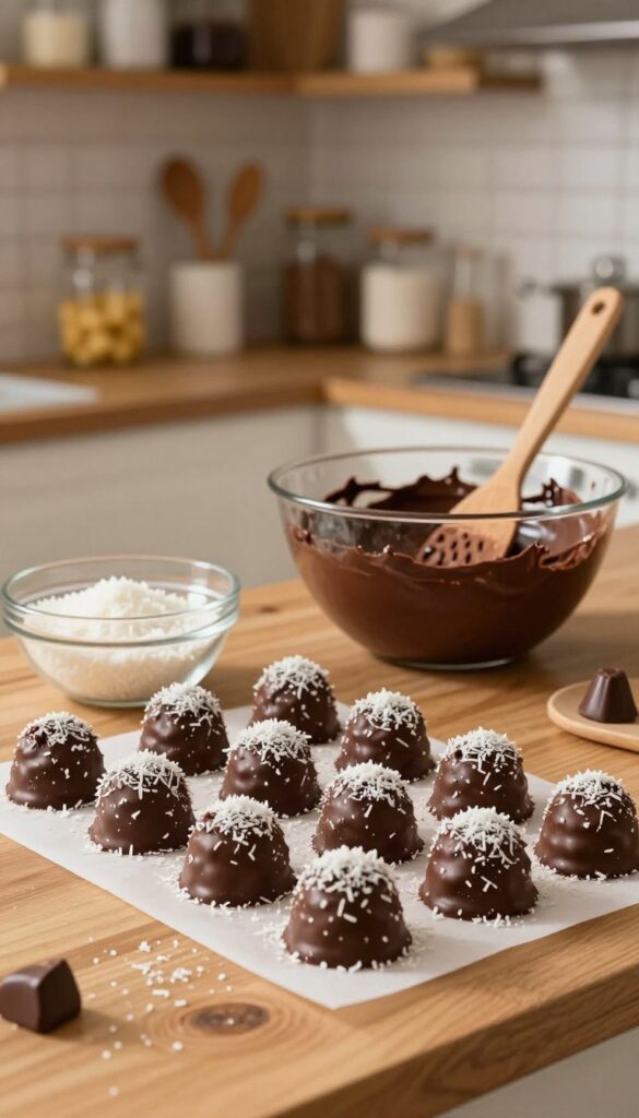 An inviting kitchen scene showcasing easy homemade candy making. In the foreground, a wooden kitchen countertop adorned with freshly made chocolate coconut haystacks, each one coated in rich dark chocolate and sprinkled with shredded coconut. A clear glass bowl filled with additional coconut flakes sits nearby. In the middle ground, a warm, ambient light illuminates a mixing bowl with melted chocolate and a spatula ready for mixing. In the background, a softly blurred view of kitchen shelves filled with baking supplies and jars of ingredients, adding depth to the scene. The mood is cozy and inviting, suggesting an enjoyable and uncomplicated process of making treats at home. The image captures the essence of creativity and sweetness without any text or distractions.