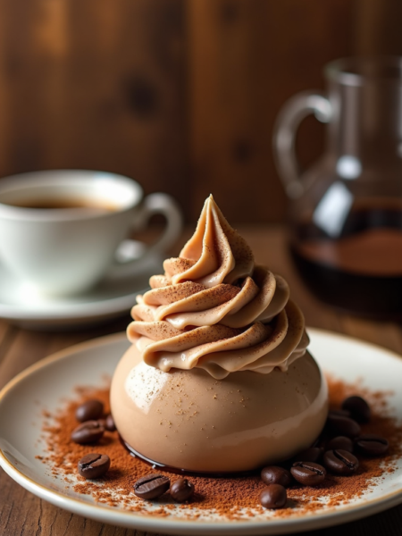Creamy coffee mousse topped with espresso whipped cream, garnished with cocoa powder and coffee beans.