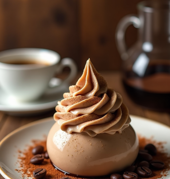 Creamy coffee mousse topped with espresso whipped cream, garnished with cocoa powder and coffee beans.