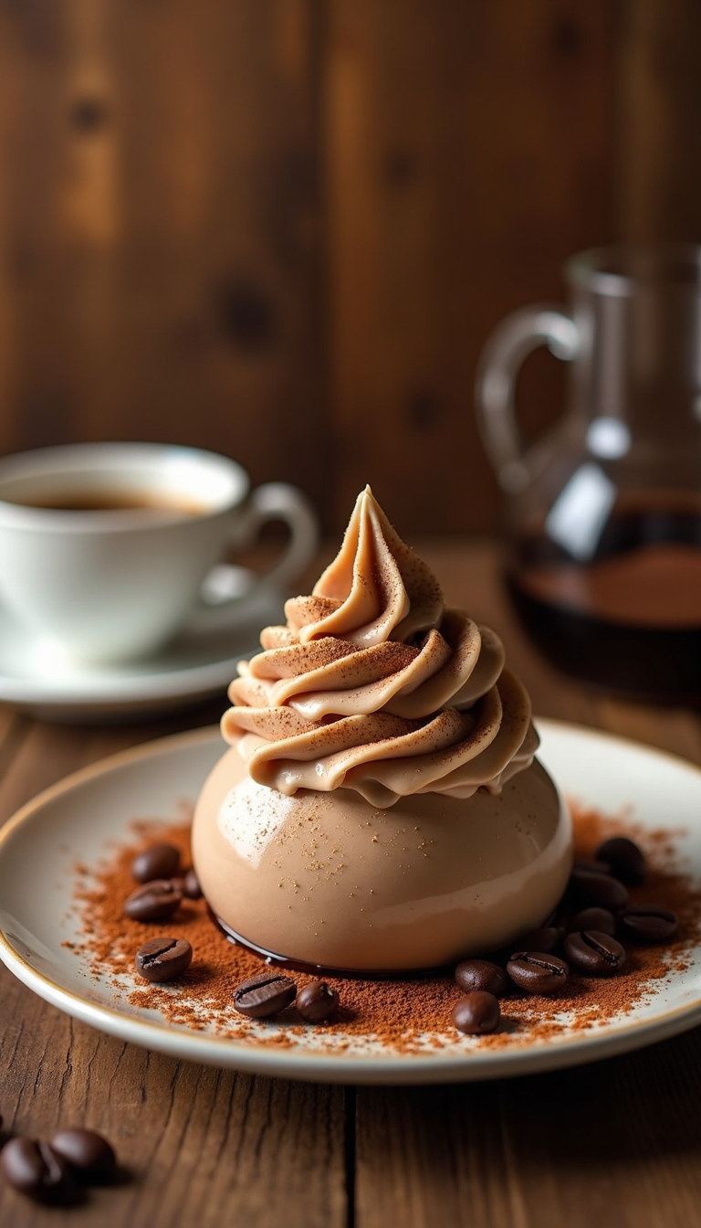 Creamy coffee mousse topped with espresso whipped cream, garnished with cocoa powder and coffee beans.