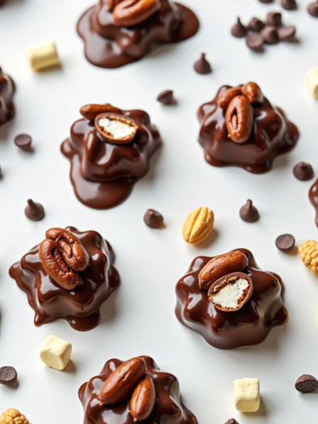Chocolate marshmallow clusters with pecans and chocolate chips on a white background