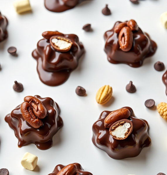 Chocolate marshmallow clusters with pecans and chocolate chips on a white background