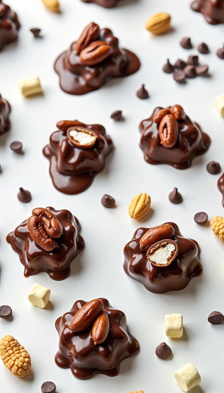 Chocolate marshmallow clusters with pecans and chocolate chips on a white background