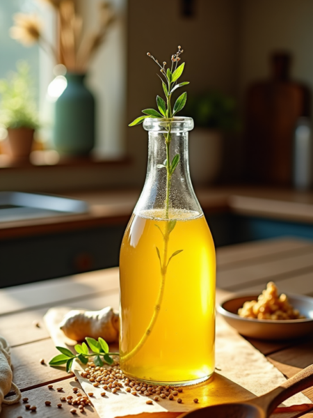 Natural herb-infused oil displayed in a glass bottle on a wooden table with seeds, bowls, and soft sunlight in a cozy kitchen setting