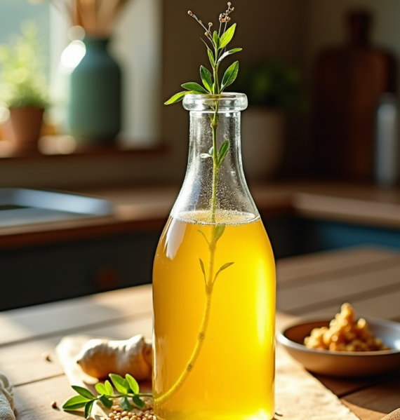 Natural herb-infused oil displayed in a glass bottle on a wooden table with seeds, bowls, and soft sunlight in a cozy kitchen setting
