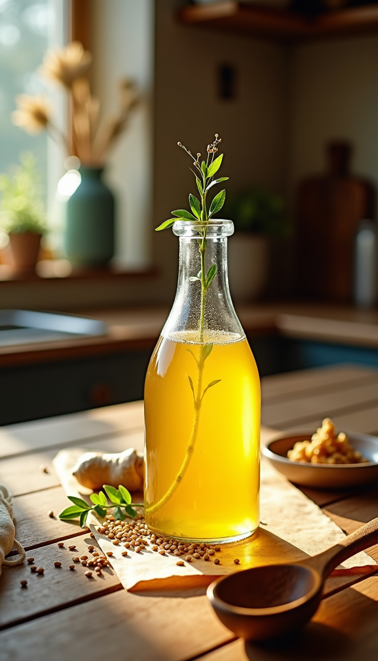 Natural herb-infused oil displayed in a glass bottle on a wooden table with seeds, bowls, and soft sunlight in a cozy kitchen setting