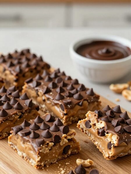 Close-up of a delicious arrangement of peanut butter protein bars sprinkled with chocolate chips, showcasing their chewy texture. The foreground highlights the bars, with some broken pieces revealing their gooey interior, emphasizing the rich, creamy peanut butter and delicate chocolate chips. The middle ground features a rustic wooden cutting board, lightly dusted with crushed peanuts and a small, elegant bowl of melted dark chocolate alongside. In the background, a soft-focus environment of a cozy kitchen with warm, natural lighting creates an inviting atmosphere. The overall mood is wholesome and appealing, perfect for health-conscious snack enthusiasts. The composition is shot from a top-down angle to capture the richness and detail without any text or distractions.