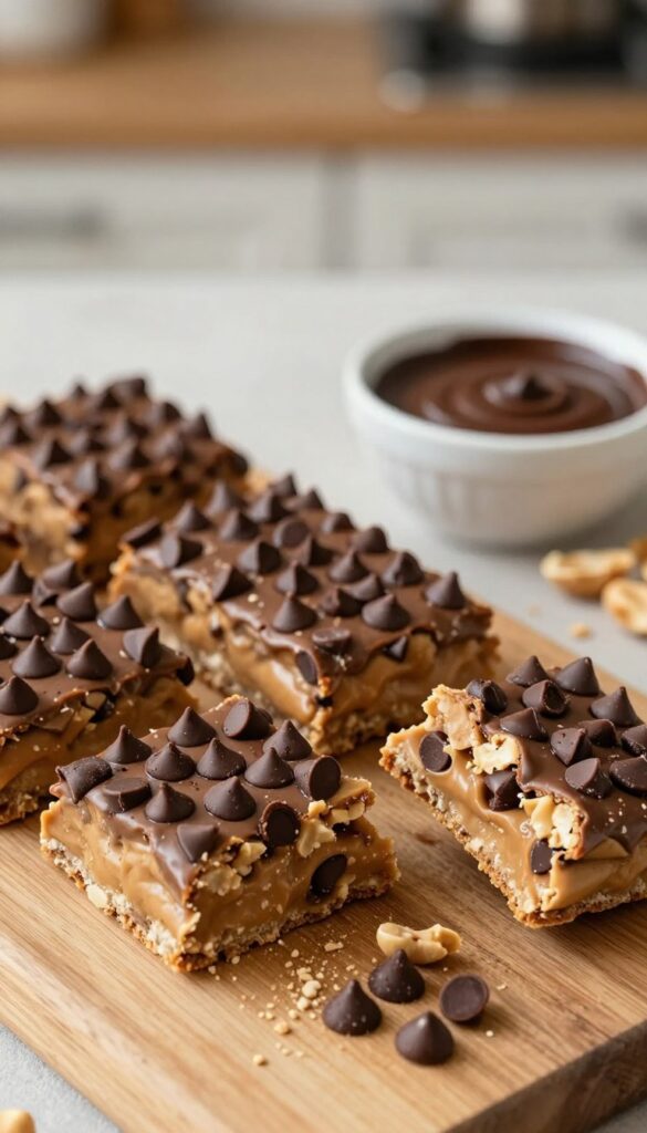 Close-up of a delicious arrangement of peanut butter protein bars sprinkled with chocolate chips, showcasing their chewy texture. The foreground highlights the bars, with some broken pieces revealing their gooey interior, emphasizing the rich, creamy peanut butter and delicate chocolate chips. The middle ground features a rustic wooden cutting board, lightly dusted with crushed peanuts and a small, elegant bowl of melted dark chocolate alongside. In the background, a soft-focus environment of a cozy kitchen with warm, natural lighting creates an inviting atmosphere. The overall mood is wholesome and appealing, perfect for health-conscious snack enthusiasts. The composition is shot from a top-down angle to capture the richness and detail without any text or distractions.