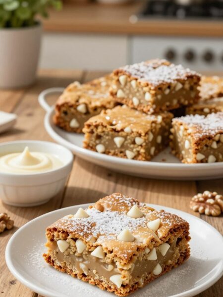 Delicious blondies displayed on a rustic wooden table, showcasing their golden-brown, chewy texture and studded with white chocolate chips and walnuts. In the foreground, a warm slice of blondie, dusted lightly with powdered sugar, rests on a white ceramic plate, glistening under soft, natural light. The middle layer features a few additional slices arranged artfully, with a small bowl of melted white chocolate for dipping nearby. In the background, a blurred kitchen setting with a cozy ambiance, showcasing baking utensils and a hint of greenery from potted herbs. The mood is inviting and warm, evoke the comfort of home baking, with gentle sunlight streaming in to highlight the rich color and inviting appeal of the blondies.