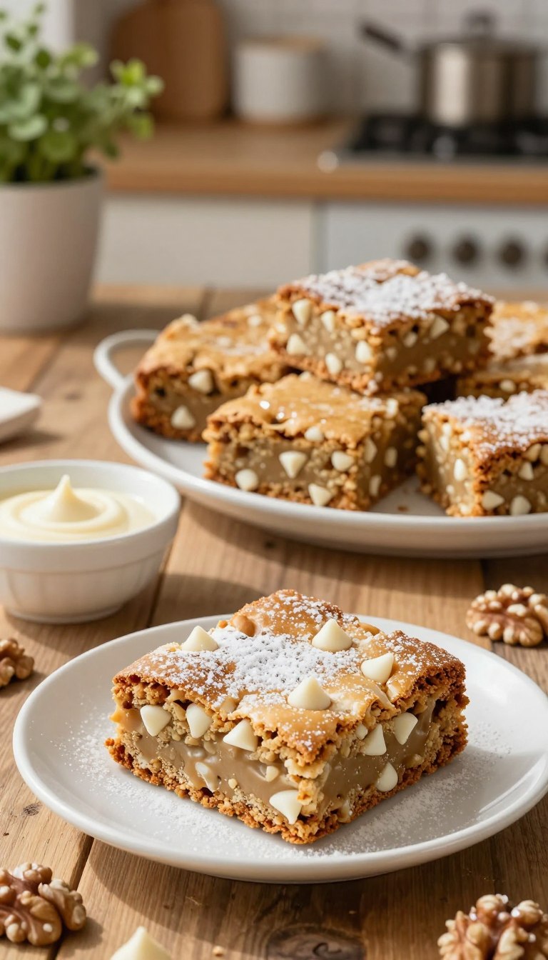 Delicious blondies displayed on a rustic wooden table, showcasing their golden-brown, chewy texture and studded with white chocolate chips and walnuts. In the foreground, a warm slice of blondie, dusted lightly with powdered sugar, rests on a white ceramic plate, glistening under soft, natural light. The middle layer features a few additional slices arranged artfully, with a small bowl of melted white chocolate for dipping nearby. In the background, a blurred kitchen setting with a cozy ambiance, showcasing baking utensils and a hint of greenery from potted herbs. The mood is inviting and warm, evoke the comfort of home baking, with gentle sunlight streaming in to highlight the rich color and inviting appeal of the blondies.