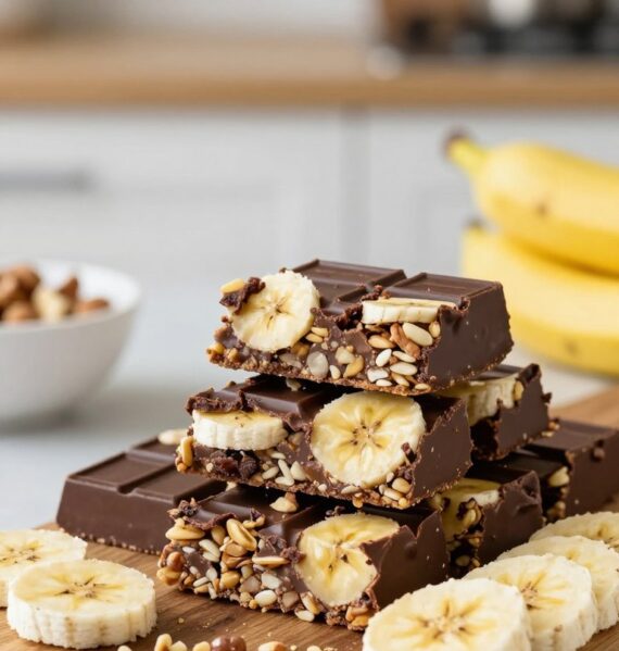 Delicious chocolate banana protein granola bars arranged artfully on a rustic wooden board. The bars feature chunks of dark chocolate and slices of ripe banana, visually highlighting their nutritious ingredients. In the foreground, a few crushed nuts and banana slices are sprinkled around the bars for added texture. The middle of the image captures the bars stacked in a neat pile, with a soft, natural light illuminating the rich, dark chocolate coating and the vibrant yellow of the bananas, creating a warm and inviting atmosphere. In the background, a blurred kitchen setting with minimalist decor enhances the homely vibe, while the focus remains sharply on the granola bars. The overall mood is healthy and appetizing, making it ideal for a food-related article.