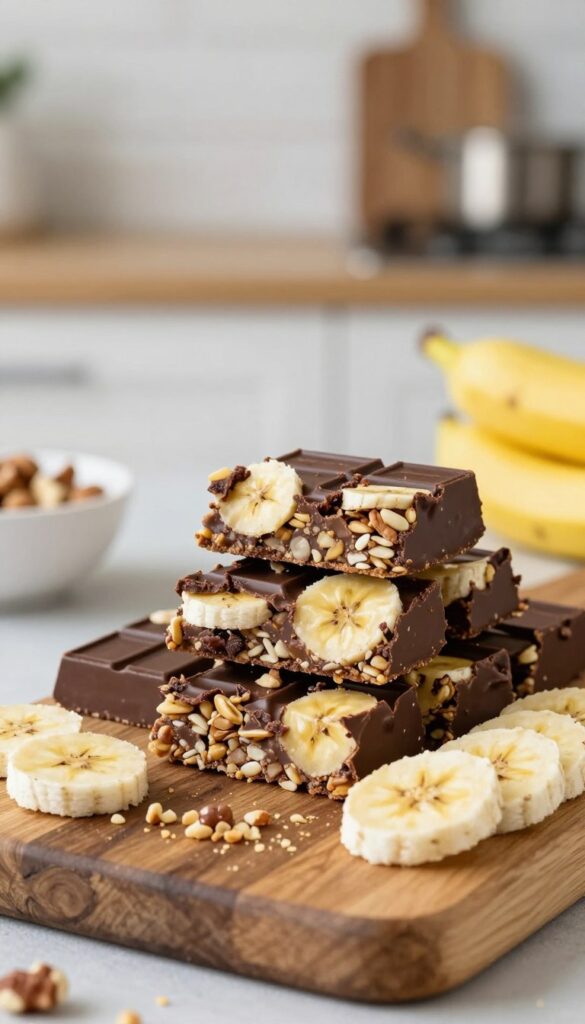 Delicious chocolate banana protein granola bars arranged artfully on a rustic wooden board. The bars feature chunks of dark chocolate and slices of ripe banana, visually highlighting their nutritious ingredients. In the foreground, a few crushed nuts and banana slices are sprinkled around the bars for added texture. The middle of the image captures the bars stacked in a neat pile, with a soft, natural light illuminating the rich, dark chocolate coating and the vibrant yellow of the bananas, creating a warm and inviting atmosphere. In the background, a blurred kitchen setting with minimalist decor enhances the homely vibe, while the focus remains sharply on the granola bars. The overall mood is healthy and appetizing, making it ideal for a food-related article.