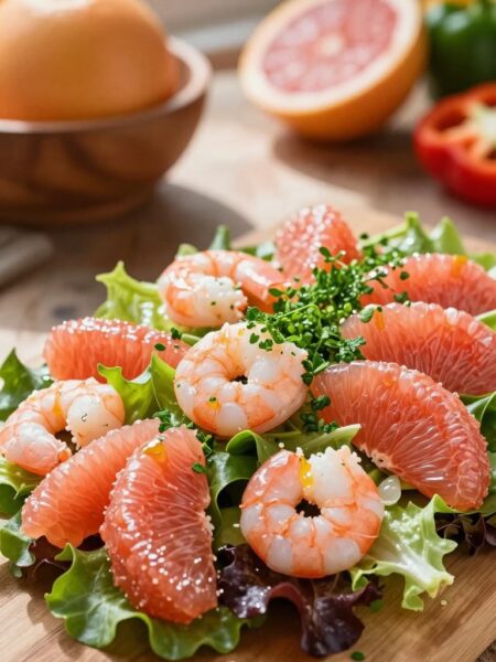 Fresh grapefruit shrimp salad elegantly arranged on a rustic wooden table. The foreground features vibrant pink grapefruit segments, succulent shrimp, and a sprinkle of bright green herbs, artistically layered over crisp mixed greens. In the middle, a drizzle of light citrus vinaigrette glistens, enhancing the dish's freshness. The background is softly blurred, showcasing a blurred wooden bowl and additional ingredients like whole grapefruits and colorful bell peppers to emphasize the salad's healthy appeal. Natural sunlight filters through a nearby window, casting gentle shadows and creating a warm, inviting atmosphere. The angle captures the dish from slightly above, highlighting the textures and colors, evoking a sense of freshness and culinary delight.