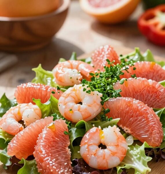 Fresh grapefruit shrimp salad elegantly arranged on a rustic wooden table. The foreground features vibrant pink grapefruit segments, succulent shrimp, and a sprinkle of bright green herbs, artistically layered over crisp mixed greens. In the middle, a drizzle of light citrus vinaigrette glistens, enhancing the dish's freshness. The background is softly blurred, showcasing a blurred wooden bowl and additional ingredients like whole grapefruits and colorful bell peppers to emphasize the salad's healthy appeal. Natural sunlight filters through a nearby window, casting gentle shadows and creating a warm, inviting atmosphere. The angle captures the dish from slightly above, highlighting the textures and colors, evoking a sense of freshness and culinary delight.
