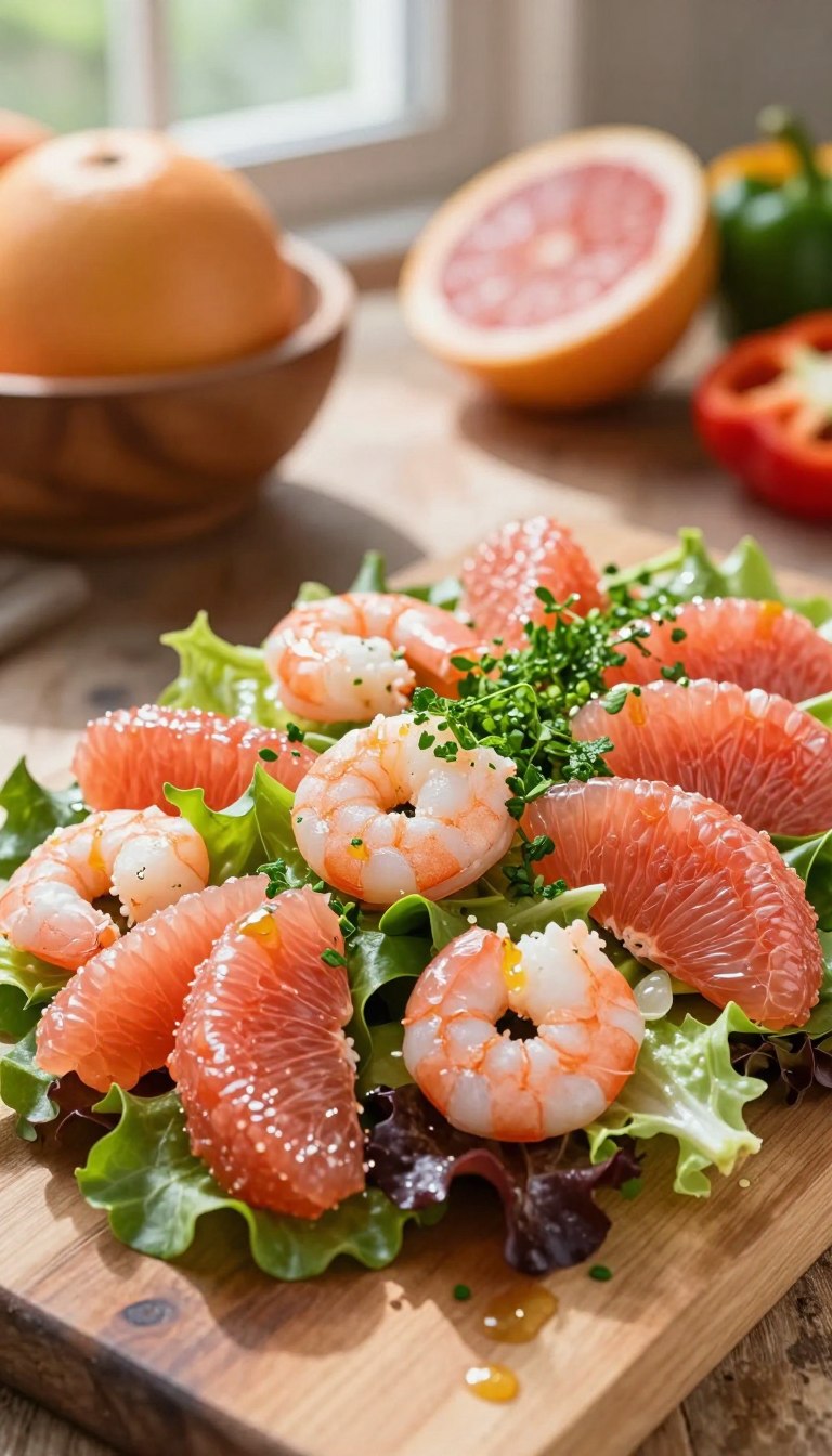 Fresh grapefruit shrimp salad elegantly arranged on a rustic wooden table. The foreground features vibrant pink grapefruit segments, succulent shrimp, and a sprinkle of bright green herbs, artistically layered over crisp mixed greens. In the middle, a drizzle of light citrus vinaigrette glistens, enhancing the dish's freshness. The background is softly blurred, showcasing a blurred wooden bowl and additional ingredients like whole grapefruits and colorful bell peppers to emphasize the salad's healthy appeal. Natural sunlight filters through a nearby window, casting gentle shadows and creating a warm, inviting atmosphere. The angle captures the dish from slightly above, highlighting the textures and colors, evoking a sense of freshness and culinary delight.