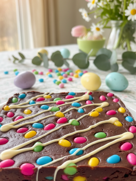 A beautifully arranged Jelly Bean Fudge dessert, placed prominently in the foreground. The fudge is a rich chocolate brown, studded with vibrant, colorful jelly beans in shades of pink, blue, yellow, and green, creating a festive Easter look. A gentle drizzle of creamy white chocolate on top adds elegance. In the middle ground, a few scattered jelly beans and some pastel-colored Easter eggs enhance the festive theme. The background features a soft-focus of a spring-themed table setting with light floral decorations and a light-colored tablecloth, bathed in warm, natural sunlight for a cheerful ambiance. The overall atmosphere is inviting and playful, perfect for celebrating Easter with family.
