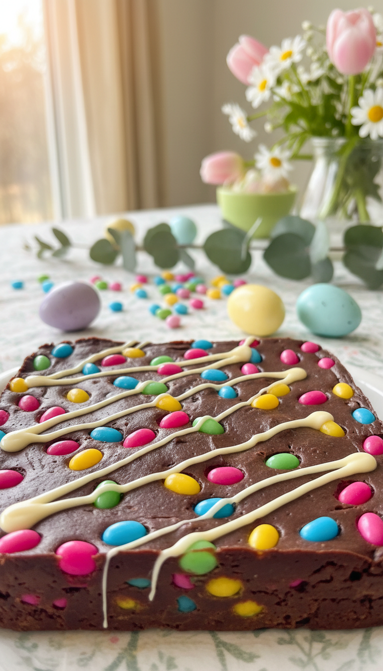 A beautifully arranged Jelly Bean Fudge dessert, placed prominently in the foreground. The fudge is a rich chocolate brown, studded with vibrant, colorful jelly beans in shades of pink, blue, yellow, and green, creating a festive Easter look. A gentle drizzle of creamy white chocolate on top adds elegance. In the middle ground, a few scattered jelly beans and some pastel-colored Easter eggs enhance the festive theme. The background features a soft-focus of a spring-themed table setting with light floral decorations and a light-colored tablecloth, bathed in warm, natural sunlight for a cheerful ambiance. The overall atmosphere is inviting and playful, perfect for celebrating Easter with family.