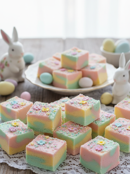 A beautifully arranged display of pastel Easter fudge pieces on a rustic wooden table. In the foreground, the fudge squares are cut in various sizes, showcasing swirls of soft pinks, yellows, greens, and blues, topped with colorful sprinkles and tiny edible flowers. The fudge is set against a delicate white lace tablecloth partially revealed beneath. In the middle ground, a vintage ceramic plate holds additional fudge, complemented by pastel-themed Easter decorations, such as small painted eggs and a bunny figurine. The background features soft, diffused natural lighting that creates a warm, inviting atmosphere, enhancing the pastel colors. Capture the scene from a slightly elevated angle for a well-composed view, evoking a cheerful and festive mood perfect for Easter celebrations.