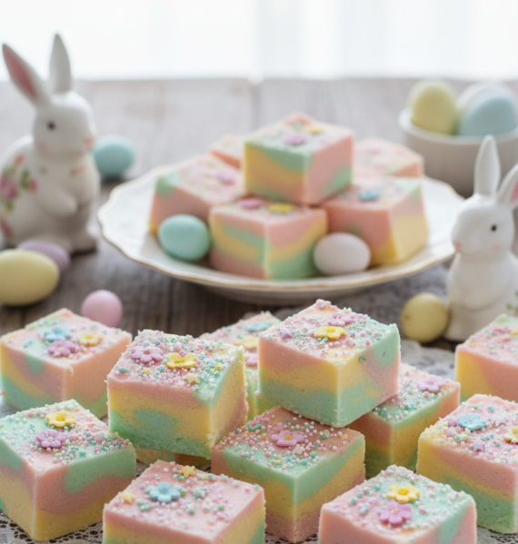 A beautifully arranged display of pastel Easter fudge pieces on a rustic wooden table. In the foreground, the fudge squares are cut in various sizes, showcasing swirls of soft pinks, yellows, greens, and blues, topped with colorful sprinkles and tiny edible flowers. The fudge is set against a delicate white lace tablecloth partially revealed beneath. In the middle ground, a vintage ceramic plate holds additional fudge, complemented by pastel-themed Easter decorations, such as small painted eggs and a bunny figurine. The background features soft, diffused natural lighting that creates a warm, inviting atmosphere, enhancing the pastel colors. Capture the scene from a slightly elevated angle for a well-composed view, evoking a cheerful and festive mood perfect for Easter celebrations.