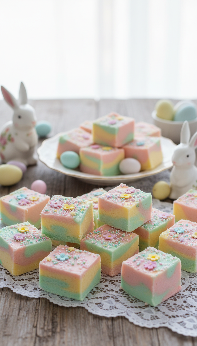 A beautifully arranged display of pastel Easter fudge pieces on a rustic wooden table. In the foreground, the fudge squares are cut in various sizes, showcasing swirls of soft pinks, yellows, greens, and blues, topped with colorful sprinkles and tiny edible flowers. The fudge is set against a delicate white lace tablecloth partially revealed beneath. In the middle ground, a vintage ceramic plate holds additional fudge, complemented by pastel-themed Easter decorations, such as small painted eggs and a bunny figurine. The background features soft, diffused natural lighting that creates a warm, inviting atmosphere, enhancing the pastel colors. Capture the scene from a slightly elevated angle for a well-composed view, evoking a cheerful and festive mood perfect for Easter celebrations.