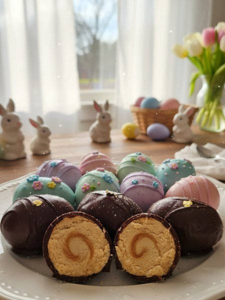 A beautifully arranged plate of homemade peanut butter Easter eggs, each one carefully shaped and decorated with vibrant pastel colors. In the foreground, showcase several eggs coated in rich chocolate, with a few cut in half to reveal the creamy peanut butter filling inside. The middle ground features an inviting kitchen countertop adorned with colorful Easter-themed decorations like small bunnies and eggshells. In the background, a sunlit window filters in warm, natural light, creating a cozy and festive atmosphere. Soft focus on the edges enhances the detailed textures of the chocolate and peanut butter. The overall mood should evoke a sense of warmth, joy, and family togetherness, perfect for the Easter celebration. No captions or text included.