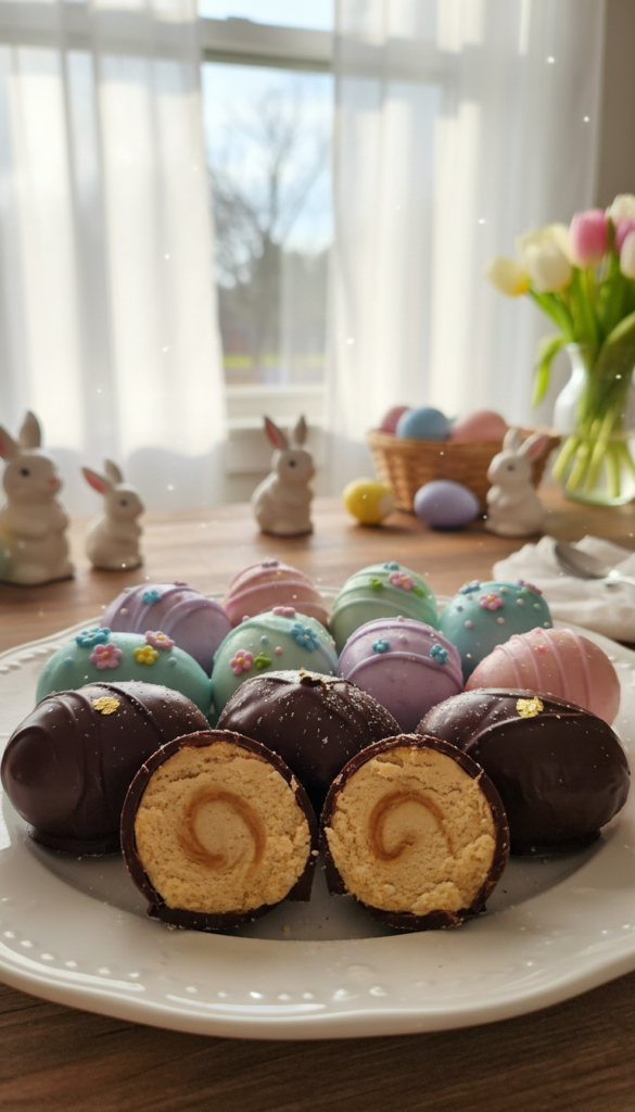 A beautifully arranged plate of homemade peanut butter Easter eggs, each one carefully shaped and decorated with vibrant pastel colors. In the foreground, showcase several eggs coated in rich chocolate, with a few cut in half to reveal the creamy peanut butter filling inside. The middle ground features an inviting kitchen countertop adorned with colorful Easter-themed decorations like small bunnies and eggshells. In the background, a sunlit window filters in warm, natural light, creating a cozy and festive atmosphere. Soft focus on the edges enhances the detailed textures of the chocolate and peanut butter. The overall mood should evoke a sense of warmth, joy, and family togetherness, perfect for the Easter celebration. No captions or text included.