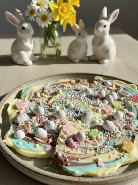 A beautifully arranged plate of vibrant Easter Candy Bark sits prominently in the foreground, showcasing a colorful variety of melted chocolate with swirls of pastel colors. The bark is generously sprinkled with an assortment of mini eggs, sprinkles, and crushed candies, adding texture and visual interest. In the middle, a soft-focus background features a light wooden table surface adorned with spring-themed decorations such as small flowers and bunnies, enhancing the festive atmosphere. Natural light streams in from the left, casting gentle shadows that highlight the bark's glossy surface. The overall mood is cheerful and inviting, perfect for celebrating Easter with family and friends. The image captures the essence of joy and creativity in holiday baking.