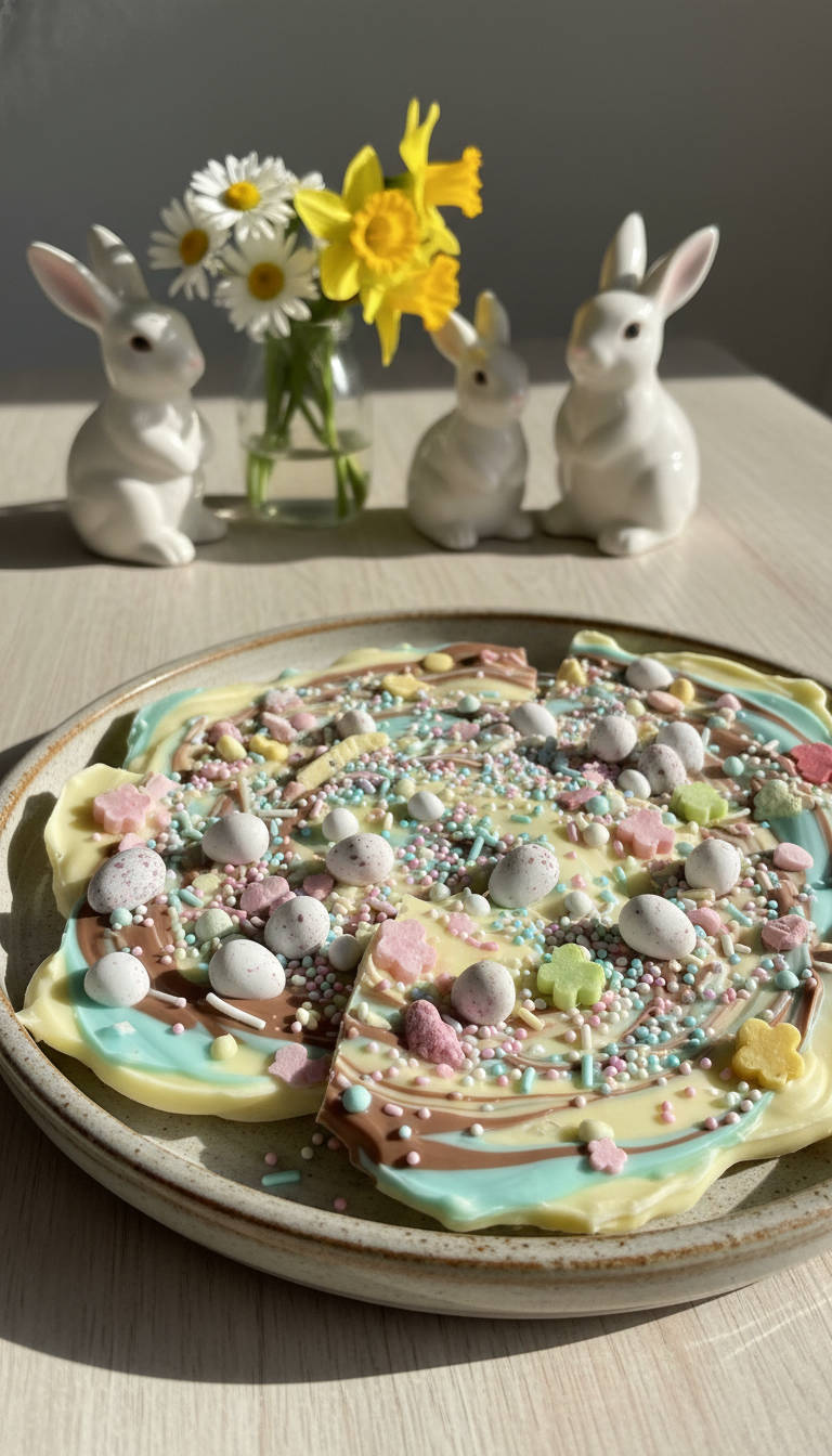 A beautifully arranged plate of vibrant Easter Candy Bark sits prominently in the foreground, showcasing a colorful variety of melted chocolate with swirls of pastel colors. The bark is generously sprinkled with an assortment of mini eggs, sprinkles, and crushed candies, adding texture and visual interest. In the middle, a soft-focus background features a light wooden table surface adorned with spring-themed decorations such as small flowers and bunnies, enhancing the festive atmosphere. Natural light streams in from the left, casting gentle shadows that highlight the bark's glossy surface. The overall mood is cheerful and inviting, perfect for celebrating Easter with family and friends. The image captures the essence of joy and creativity in holiday baking.