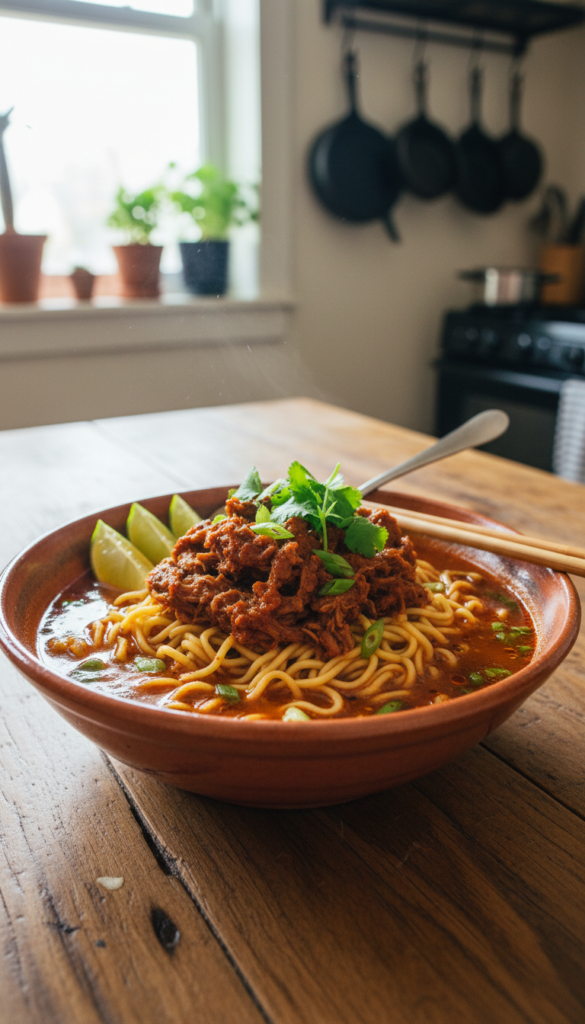A beautifully crafted bowl of birria ramen sits as the focal point in the foreground, showcasing tender, savory birria beef nestled within a rich, flavorful broth infused with spices. The ramen noodles are skillfully arranged, garnished with vibrant cilantro, slices of green onion, and hints of lime. In the middle ground, a rustic wooden table enhances the dish's warmth, while the background features a softly blurred kitchen setting, illuminated by natural light streaming through a nearby window, adding a cozy atmosphere. The image should be captured from a slightly elevated angle, highlighting the textures and colors of the ramen and ingredients, evoking a sense of culinary delight and comfort.