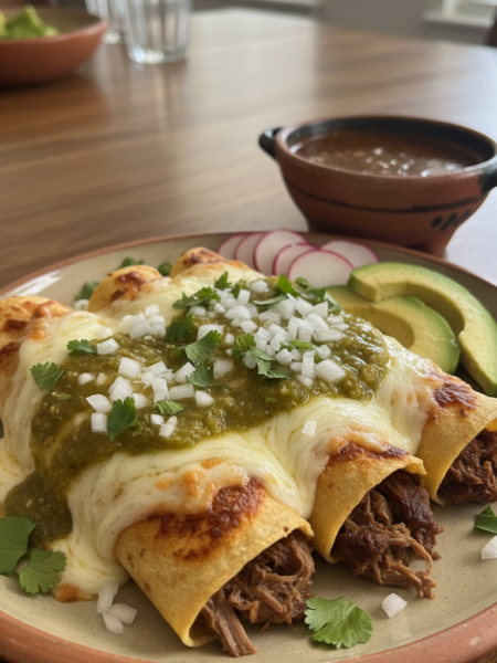 A close-up image of a plate of birria enchiladas, featuring three rolled corn tortillas filled with succulent, shredded birria meat, topped with a generous amount of melted cheese, and drizzled with vibrant red salsa verde. In the foreground, the enchiladas are garnished with fresh cilantro and finely chopped onions, adding a pop of color. The middle ground showcases an array of traditional accompaniments including slices of radish, avocado, and a small bowl of rich consomé for dipping. The background is softly blurred to highlight the dish, with warm, ambient lighting creating an inviting, cozy atmosphere reminiscent of a family kitchen. Capture the scene from a slightly elevated angle to emphasize the textures and vibrant colors of the dish.