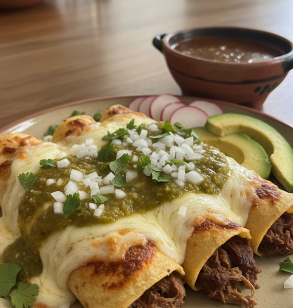 A close-up image of a plate of birria enchiladas, featuring three rolled corn tortillas filled with succulent, shredded birria meat, topped with a generous amount of melted cheese, and drizzled with vibrant red salsa verde. In the foreground, the enchiladas are garnished with fresh cilantro and finely chopped onions, adding a pop of color. The middle ground showcases an array of traditional accompaniments including slices of radish, avocado, and a small bowl of rich consomé for dipping. The background is softly blurred to highlight the dish, with warm, ambient lighting creating an inviting, cozy atmosphere reminiscent of a family kitchen. Capture the scene from a slightly elevated angle to emphasize the textures and vibrant colors of the dish.