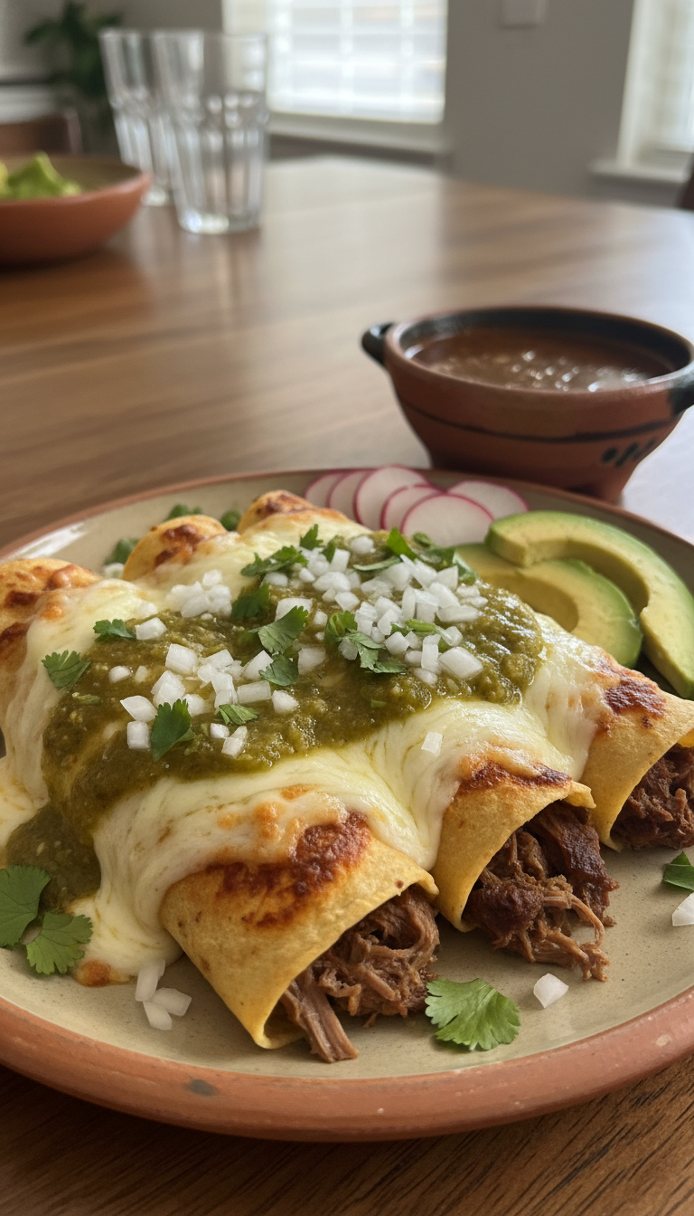A close-up image of a plate of birria enchiladas, featuring three rolled corn tortillas filled with succulent, shredded birria meat, topped with a generous amount of melted cheese, and drizzled with vibrant red salsa verde. In the foreground, the enchiladas are garnished with fresh cilantro and finely chopped onions, adding a pop of color. The middle ground showcases an array of traditional accompaniments including slices of radish, avocado, and a small bowl of rich consomé for dipping. The background is softly blurred to highlight the dish, with warm, ambient lighting creating an inviting, cozy atmosphere reminiscent of a family kitchen. Capture the scene from a slightly elevated angle to emphasize the textures and vibrant colors of the dish.