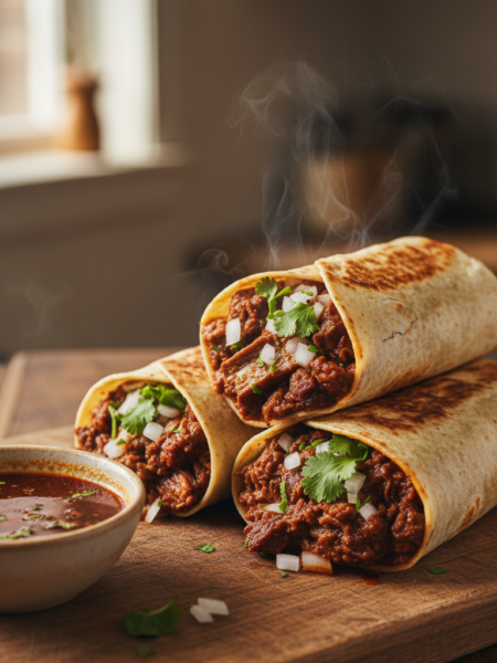 A close-up image of two birria burritos, showcasing their vibrant colors and textures. The burritos are wrapped in soft, golden tortillas, spilling with tender, juicy birria meat, adorned with fresh cilantro, diced onions, and a drizzle of rich red sauce. In the foreground, place a rustic wooden board with a small bowl of consommé for dipping. The background softly blurs out to reveal a cozy kitchen, with warm ambient lighting illuminating the scene, enhancing the appetizing look of the food. The angle should be slightly overhead, capturing the details of the fillings while inviting the viewer into the deliciousness of birria burritos, evoking a warm and comforting atmosphere perfect for food lovers.