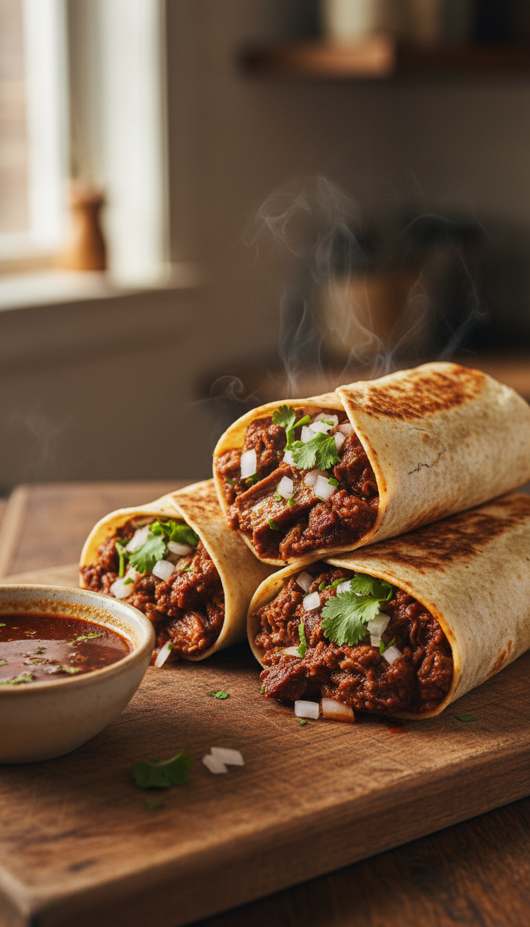 A close-up image of two birria burritos, showcasing their vibrant colors and textures. The burritos are wrapped in soft, golden tortillas, spilling with tender, juicy birria meat, adorned with fresh cilantro, diced onions, and a drizzle of rich red sauce. In the foreground, place a rustic wooden board with a small bowl of consommé for dipping. The background softly blurs out to reveal a cozy kitchen, with warm ambient lighting illuminating the scene, enhancing the appetizing look of the food. The angle should be slightly overhead, capturing the details of the fillings while inviting the viewer into the deliciousness of birria burritos, evoking a warm and comforting atmosphere perfect for food lovers.