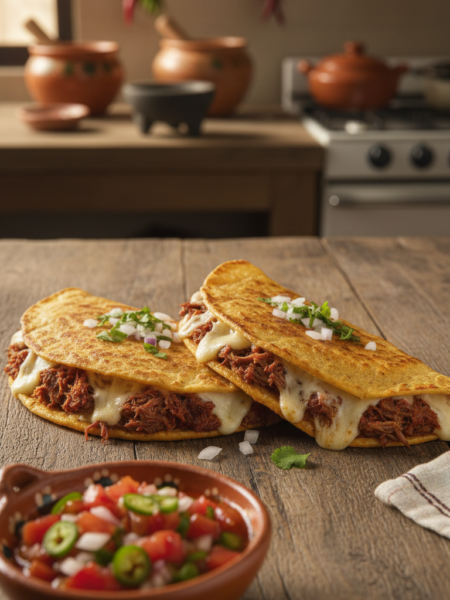 A close-up of beautifully melted birria quesadillas on a rustic wooden table, showcasing crisp, golden-brown tortillas filled with tender, shredded birria meat, oozing cheese, and garnished with fresh cilantro and diced onions. In the foreground, a vibrant, colorful side of homemade salsa adds a pop of color. The image is set with warm, inviting lighting that highlights the textures of the quesadillas and the rich, deep colors of the ingredients. In the background, a blurred kitchen setting with traditional Mexican cooking utensils gives a cozy, homey atmosphere. The angle is slightly above, creating an enticing view of the delicious quesadillas ready to be served.