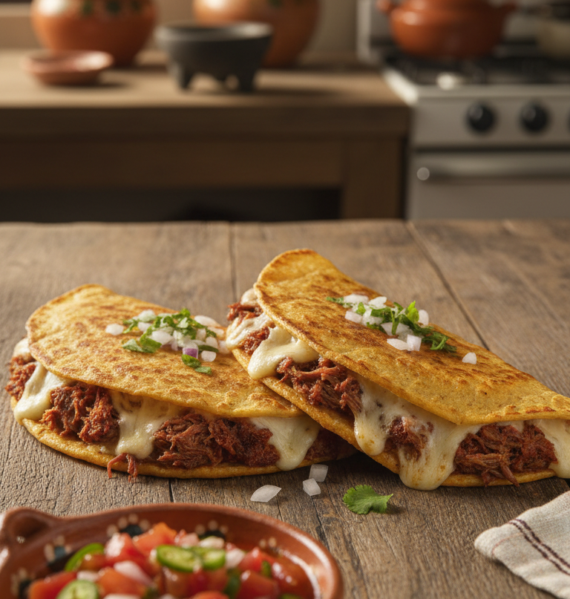 A close-up of beautifully melted birria quesadillas on a rustic wooden table, showcasing crisp, golden-brown tortillas filled with tender, shredded birria meat, oozing cheese, and garnished with fresh cilantro and diced onions. In the foreground, a vibrant, colorful side of homemade salsa adds a pop of color. The image is set with warm, inviting lighting that highlights the textures of the quesadillas and the rich, deep colors of the ingredients. In the background, a blurred kitchen setting with traditional Mexican cooking utensils gives a cozy, homey atmosphere. The angle is slightly above, creating an enticing view of the delicious quesadillas ready to be served.