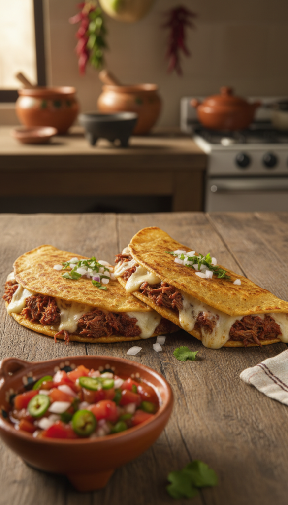 A close-up of beautifully melted birria quesadillas on a rustic wooden table, showcasing crisp, golden-brown tortillas filled with tender, shredded birria meat, oozing cheese, and garnished with fresh cilantro and diced onions. In the foreground, a vibrant, colorful side of homemade salsa adds a pop of color. The image is set with warm, inviting lighting that highlights the textures of the quesadillas and the rich, deep colors of the ingredients. In the background, a blurred kitchen setting with traditional Mexican cooking utensils gives a cozy, homey atmosphere. The angle is slightly above, creating an enticing view of the delicious quesadillas ready to be served.