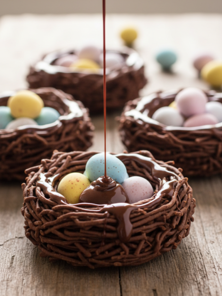 A close-up of delicious Chocolate Easter Nests beautifully arranged on a rustic wooden table, showcasing multiple nests made of crispy chocolate strands piled high in a round shape, nestled with colorful mini egg candies on top. The nests are drizzled with smooth chocolate, adding a shiny finish. In the background, soft pastel-colored eggs in shades of pink, blue, and yellow are scattered, hinting at Easter festivities. Natural sunlight streams through a nearby window, casting a warm and inviting glow, enhancing the rich browns of the chocolate and the vibrant colors of the candy. The overall atmosphere is cheerful and festive, perfect for a family gathering during Easter celebrations. The composition is shot at eye level, giving an intimate feel to the mouth-watering treats.