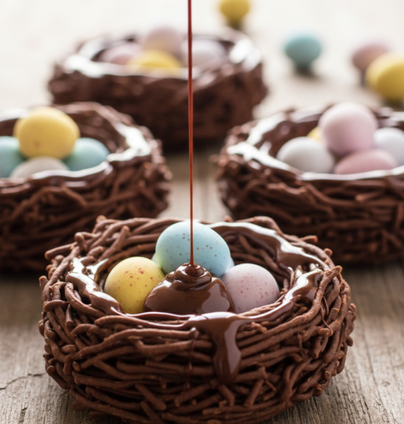 A close-up of delicious Chocolate Easter Nests beautifully arranged on a rustic wooden table, showcasing multiple nests made of crispy chocolate strands piled high in a round shape, nestled with colorful mini egg candies on top. The nests are drizzled with smooth chocolate, adding a shiny finish. In the background, soft pastel-colored eggs in shades of pink, blue, and yellow are scattered, hinting at Easter festivities. Natural sunlight streams through a nearby window, casting a warm and inviting glow, enhancing the rich browns of the chocolate and the vibrant colors of the candy. The overall atmosphere is cheerful and festive, perfect for a family gathering during Easter celebrations. The composition is shot at eye level, giving an intimate feel to the mouth-watering treats.