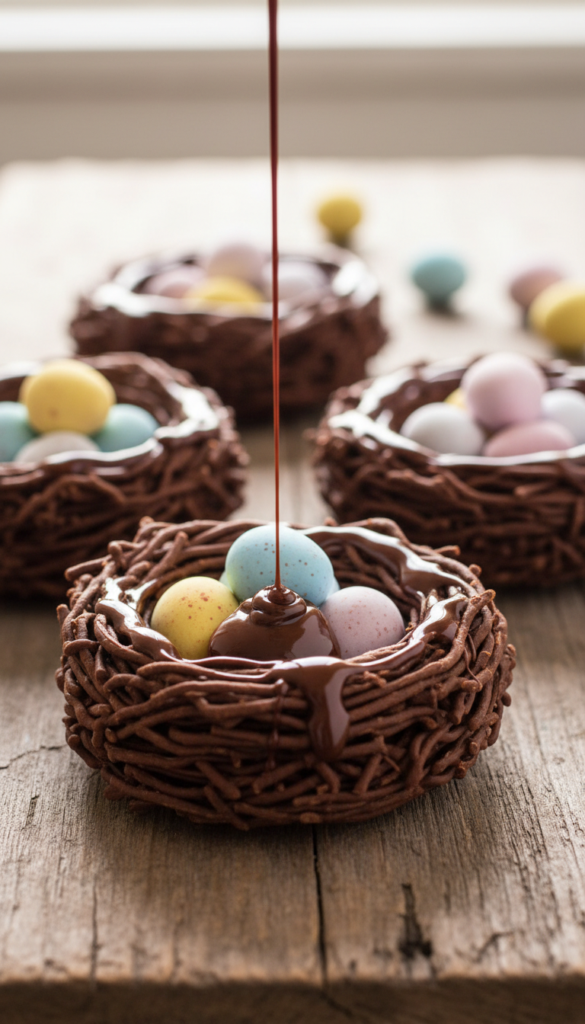 A close-up of delicious Chocolate Easter Nests beautifully arranged on a rustic wooden table, showcasing multiple nests made of crispy chocolate strands piled high in a round shape, nestled with colorful mini egg candies on top. The nests are drizzled with smooth chocolate, adding a shiny finish. In the background, soft pastel-colored eggs in shades of pink, blue, and yellow are scattered, hinting at Easter festivities. Natural sunlight streams through a nearby window, casting a warm and inviting glow, enhancing the rich browns of the chocolate and the vibrant colors of the candy. The overall atmosphere is cheerful and festive, perfect for a family gathering during Easter celebrations. The composition is shot at eye level, giving an intimate feel to the mouth-watering treats.