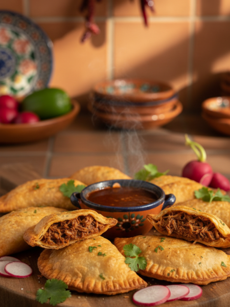 A close-up view of golden-brown birria empanadas arranged elegantly on a rustic wooden platter. The empanadas should be perfectly crispy, with a slightly flaky crust, showcasing their rich filling bursting with tender, spiced beef, herbs, and a hint of consommé. In the foreground, add vibrant garnishes of fresh cilantro and thinly sliced radishes for color contrast. The middle of the image features a small bowl of rich, dark red consomé for dipping. The background exhibits a softly blurred Mexican-inspired kitchen setting with warm, inviting lighting, enhancing the cozy feel. Use a shallow depth of field to keep the focus on the empanadas while creating a warm, appetizing atmosphere. The lighting should be warm and natural, reminiscent of golden hour, casting soft shadows that highlight the textures.