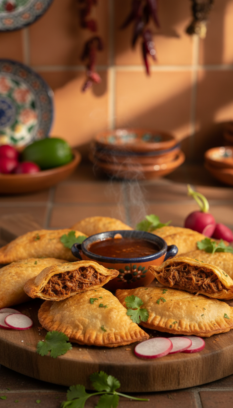 A close-up view of golden-brown birria empanadas arranged elegantly on a rustic wooden platter. The empanadas should be perfectly crispy, with a slightly flaky crust, showcasing their rich filling bursting with tender, spiced beef, herbs, and a hint of consommé. In the foreground, add vibrant garnishes of fresh cilantro and thinly sliced radishes for color contrast. The middle of the image features a small bowl of rich, dark red consomé for dipping. The background exhibits a softly blurred Mexican-inspired kitchen setting with warm, inviting lighting, enhancing the cozy feel. Use a shallow depth of field to keep the focus on the empanadas while creating a warm, appetizing atmosphere. The lighting should be warm and natural, reminiscent of golden hour, casting soft shadows that highlight the textures.