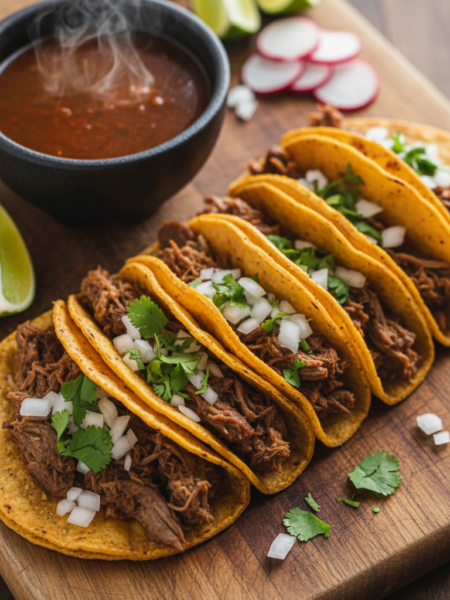 A delicious arrangement of birria tacos, featuring golden-brown, crispy tortillas filled with tender, slow-cooked beef, garnished with fresh cilantro and diced onions. The tacos are served on a rustic wooden plate, accompanied by a small bowl of rich, dark consommé for dipping, with steam rising to indicate warmth. In the background, a vibrant spread of colorful garnishes such as lime wedges and sliced radishes adds brightness to the scene. Soft, natural lighting highlights the textures of the food, creating a mouthwatering appeal. The camera angle is slightly overhead, focusing on the sumptuous details of the tacos and dipping sauce, evoking a warm, inviting atmosphere perfect for showcasing this comforting dish.