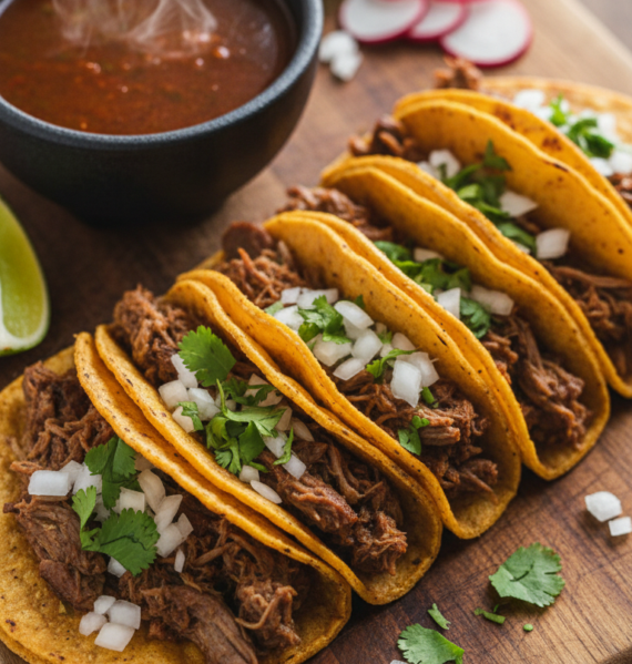 A delicious arrangement of birria tacos, featuring golden-brown, crispy tortillas filled with tender, slow-cooked beef, garnished with fresh cilantro and diced onions. The tacos are served on a rustic wooden plate, accompanied by a small bowl of rich, dark consommé for dipping, with steam rising to indicate warmth. In the background, a vibrant spread of colorful garnishes such as lime wedges and sliced radishes adds brightness to the scene. Soft, natural lighting highlights the textures of the food, creating a mouthwatering appeal. The camera angle is slightly overhead, focusing on the sumptuous details of the tacos and dipping sauce, evoking a warm, inviting atmosphere perfect for showcasing this comforting dish.