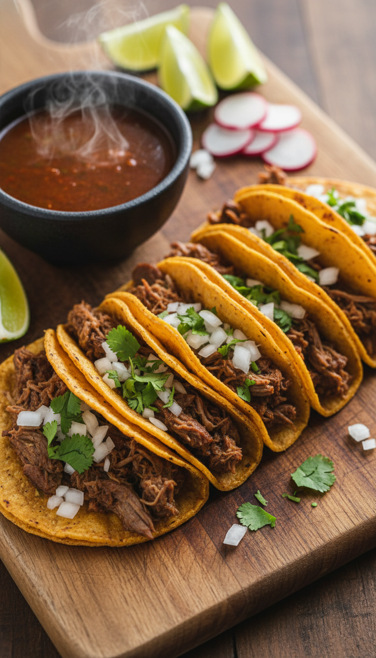 A delicious arrangement of birria tacos, featuring golden-brown, crispy tortillas filled with tender, slow-cooked beef, garnished with fresh cilantro and diced onions. The tacos are served on a rustic wooden plate, accompanied by a small bowl of rich, dark consommé for dipping, with steam rising to indicate warmth. In the background, a vibrant spread of colorful garnishes such as lime wedges and sliced radishes adds brightness to the scene. Soft, natural lighting highlights the textures of the food, creating a mouthwatering appeal. The camera angle is slightly overhead, focusing on the sumptuous details of the tacos and dipping sauce, evoking a warm, inviting atmosphere perfect for showcasing this comforting dish.