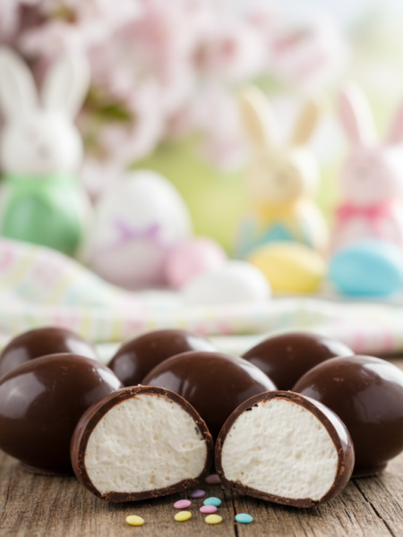 A delightful arrangement of chocolate-covered marshmallow eggs displayed on a rustic wooden table, with some eggs partially cut open to reveal the fluffy white marshmallow interior. The foreground features a glossy dark chocolate coating glistening under warm soft lighting, enhancing the richness of the chocolate. In the middle, a few colorful sprinkles add a festive touch, suggesting Easter celebration. The background showcases a softly blurred spring-themed scene with blooming flowers and pastel-colored decorations, creating a warm, inviting atmosphere. The composition should evoke feelings of joy and nostalgia, capturing the essence of family gatherings during the Easter holiday. The photo should be taken with a shallow depth of field to emphasize the eggs, using a macro lens for intricate detail, while ensuring the overall image is bright and vibrant.