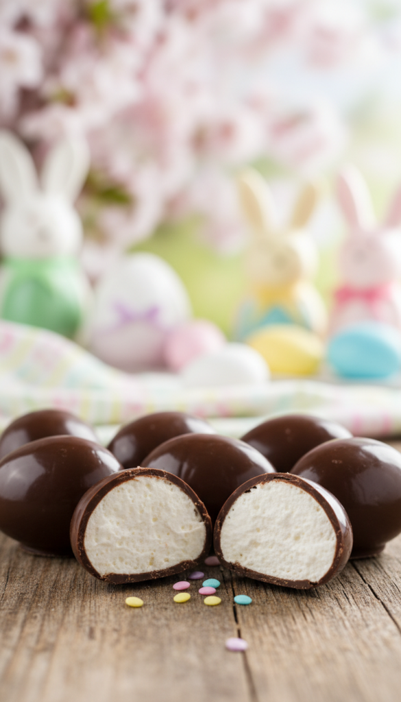 A delightful arrangement of chocolate-covered marshmallow eggs displayed on a rustic wooden table, with some eggs partially cut open to reveal the fluffy white marshmallow interior. The foreground features a glossy dark chocolate coating glistening under warm soft lighting, enhancing the richness of the chocolate. In the middle, a few colorful sprinkles add a festive touch, suggesting Easter celebration. The background showcases a softly blurred spring-themed scene with blooming flowers and pastel-colored decorations, creating a warm, inviting atmosphere. The composition should evoke feelings of joy and nostalgia, capturing the essence of family gatherings during the Easter holiday. The photo should be taken with a shallow depth of field to emphasize the eggs, using a macro lens for intricate detail, while ensuring the overall image is bright and vibrant.