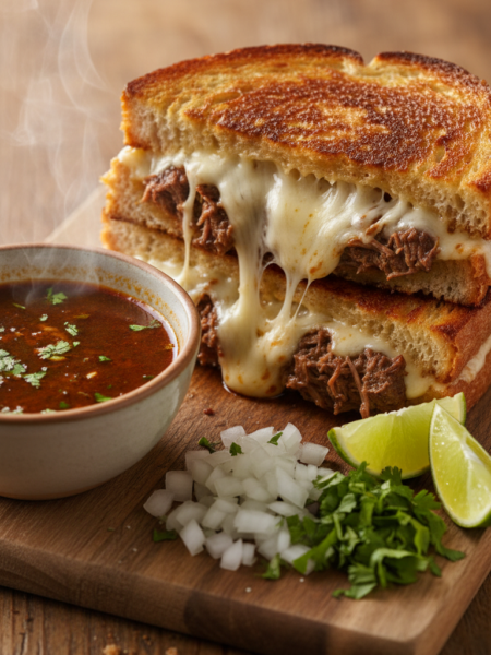 A mouthwatering birria grilled cheese sandwich, featuring oozing melted cheese intertwined with rich, flavorful birria meat, served on perfectly toasted, golden-brown sourdough bread. In the foreground, the sandwich is cut in half, showcasing the gooey cheese and tender meat spilling out, with a shallow dish of consomé for dipping next to it. In the middle ground, place a vibrant assortment of fresh toppings: diced onions, cilantro, and lime wedges, adding pops of color. The background includes a rustic wooden table for a cozy, inviting atmosphere, with soft, warm lighting enhancing the golden hues of the sandwich. Capture the angle from slightly above to emphasize the sandwich's textures and ingredients, creating an appetizing and mouthwatering scene.