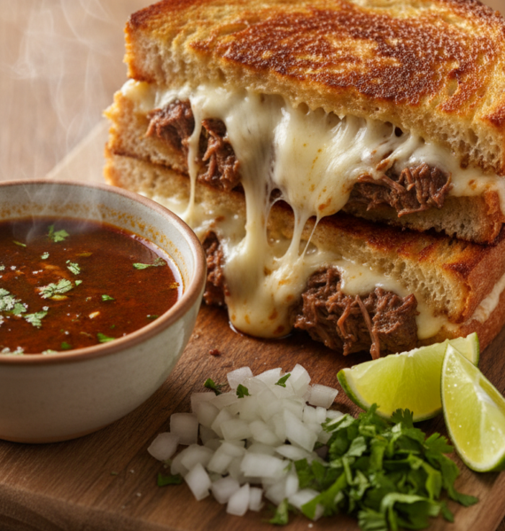 A mouthwatering birria grilled cheese sandwich, featuring oozing melted cheese intertwined with rich, flavorful birria meat, served on perfectly toasted, golden-brown sourdough bread. In the foreground, the sandwich is cut in half, showcasing the gooey cheese and tender meat spilling out, with a shallow dish of consomé for dipping next to it. In the middle ground, place a vibrant assortment of fresh toppings: diced onions, cilantro, and lime wedges, adding pops of color. The background includes a rustic wooden table for a cozy, inviting atmosphere, with soft, warm lighting enhancing the golden hues of the sandwich. Capture the angle from slightly above to emphasize the sandwich's textures and ingredients, creating an appetizing and mouthwatering scene.